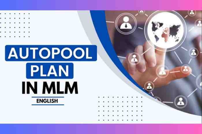 Auto Pool MLM plan diagram with user levels and auto-fill concept, showing the text 'Auto Pool MLM' by Galexy IT Solutions Bareilly