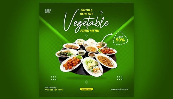 Food menu banner showing delicious dishes and the word Vegetable, designed by Galexy IT Solutions Bareilly